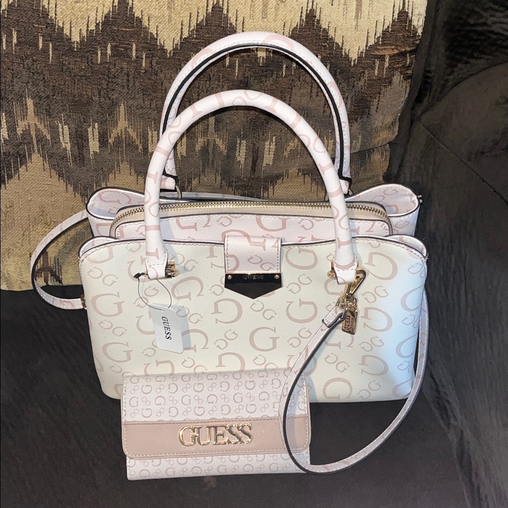 GUESS Pink and White Logo Shoulder Bag and Wallet